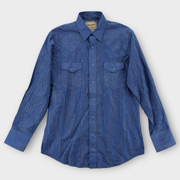 Wrangler Shirt Mens Medium Blue Western Pearl Snap Rockabilly Sequin Striped - Picture 1 of 7